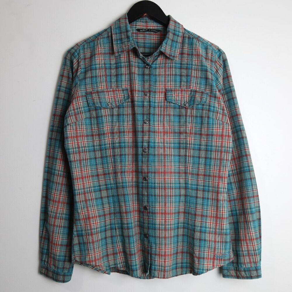 Woolrich Plaid Orange Teal Button Down Collared Long Sleeve Shirt Size Medium